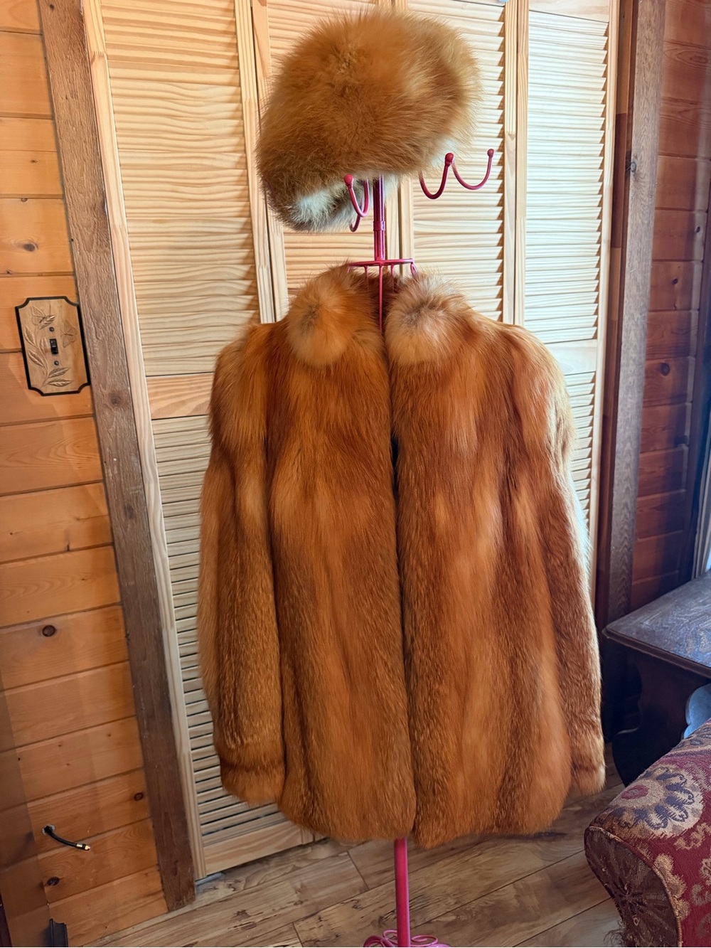 Women's Luxurious Red Fox Fur Coat with Matching Fur Hat